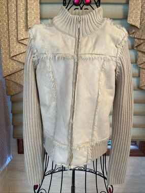 JJ Forever Tan Ribbed Sweater Jacket With Faux Suede Front Size Large